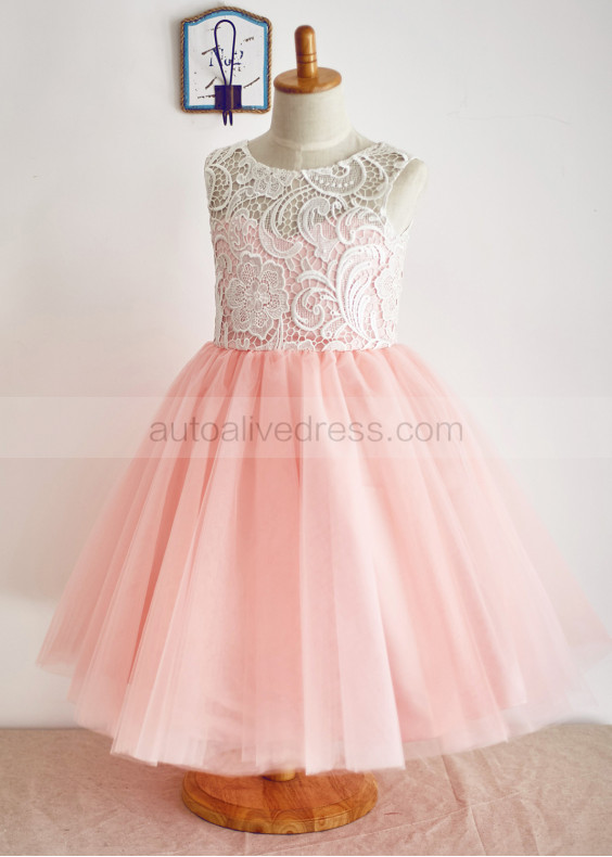 Ivory Lace Peach Pink Tulle Knee Length Flower Girl Dress